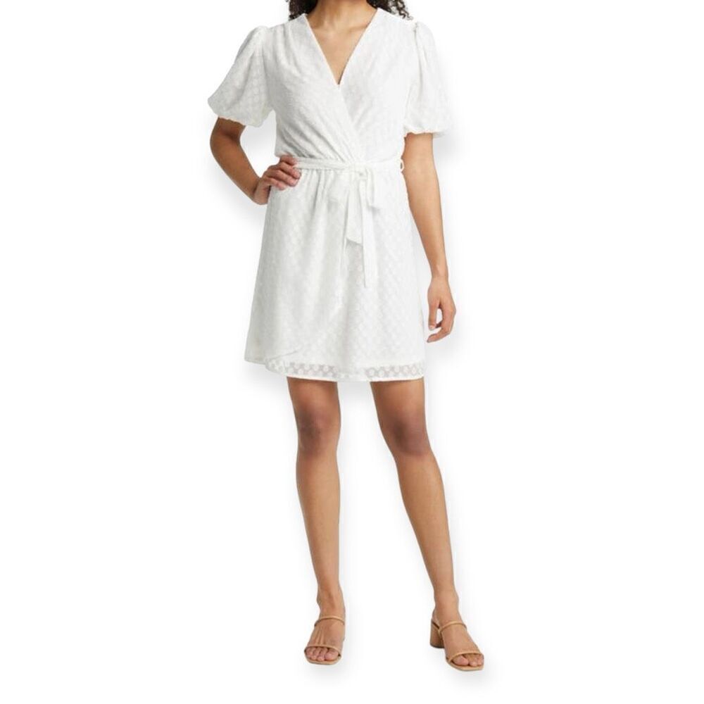 FRAICHE By J Swiss Dot Faux Wrap Minidress In White Size Large NEW